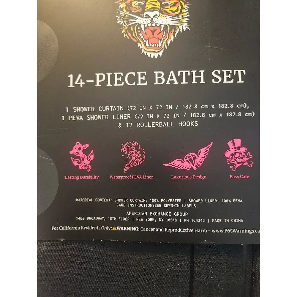 Ed Hardy 14 piece shower curtain set black red roses NWT Liner curtain and hooks